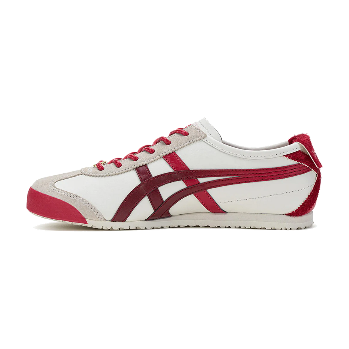 Onitsuka Tiger Mexico 66 Year of the Horse, zijaanzicht met wit leer, bordeaux strepen en rode veters