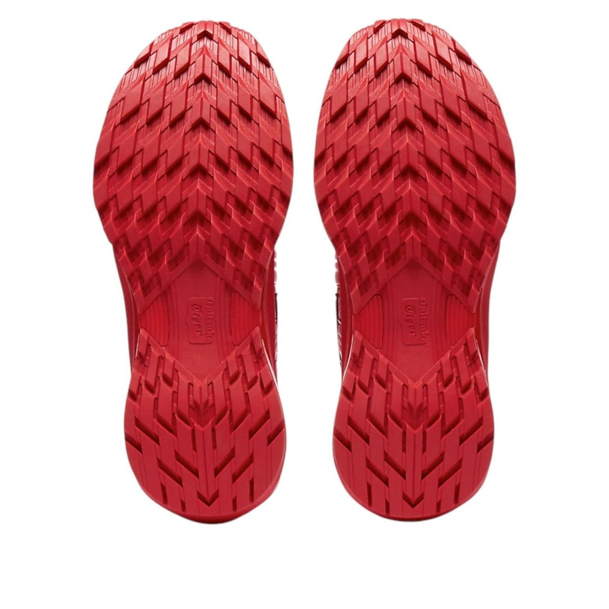 Onitsuka Tiger Tigtrail Classic Red zoolprofiel toont chevron-patroon en rood oppervlak in bovenaanzicht