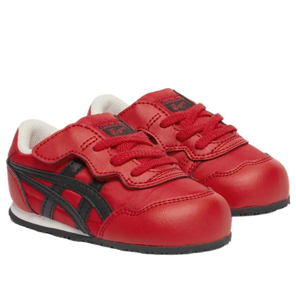 Onitsuka Tiger Serrano Classic Red Black (TD) paar samen, rode sneakers met klittenband sluiting en zwarte details