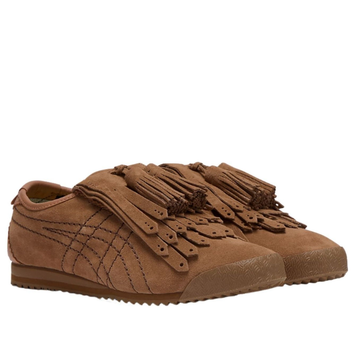 Onitsuka Tiger Mexico 66 Fringe Mocha Brown Dark Brown, driekwart aanzicht paar met pronkende franjes en geribbelde zool