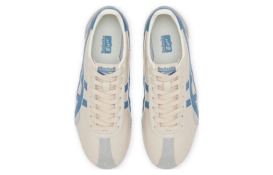 Onitsuka Tiger Runspark Cream Light Blue, bovenaanzicht toont beige oppervlak met blauwe en grijze streeppatroon