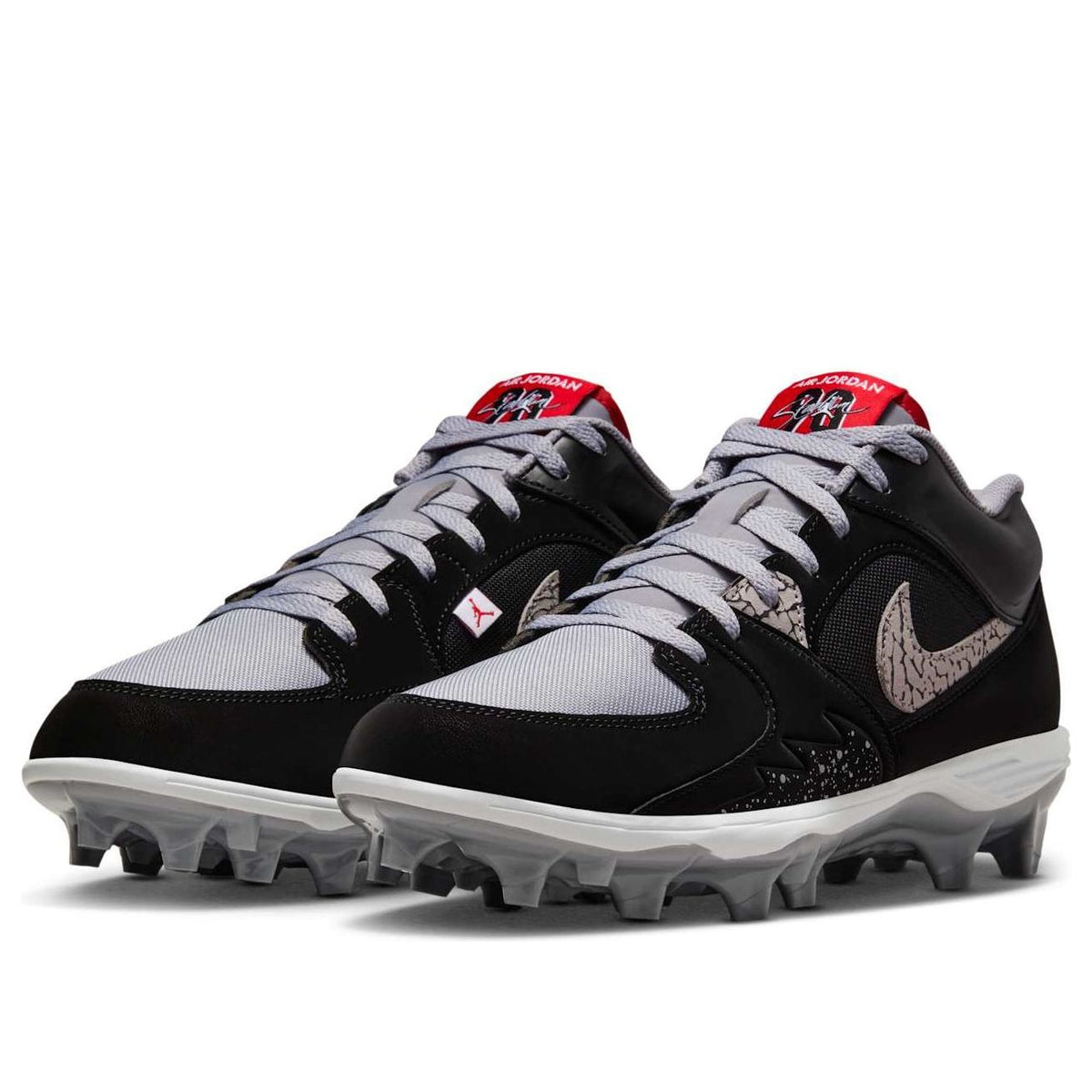 Jordan Stadium 90 Low TD Black Cement paar samen bovenaanzicht met grijze veters en rode tongwerk