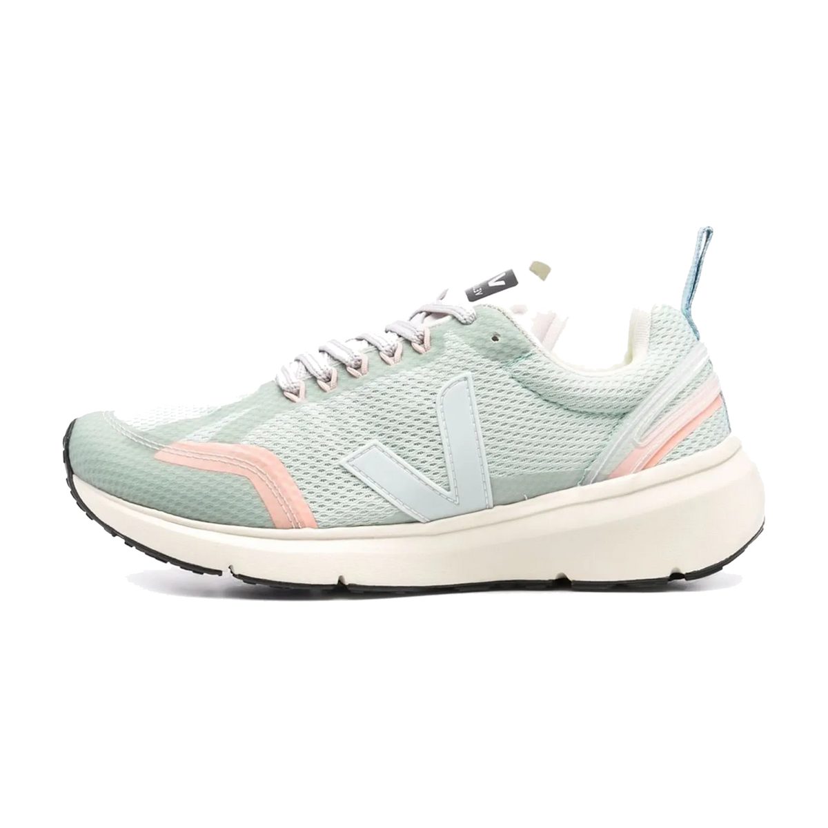 Veja Condor 2 Alveomesh Matcha Menthol, zijaanzicht met mesh-upper in mintgroen, roze en witte accenten, witte zool