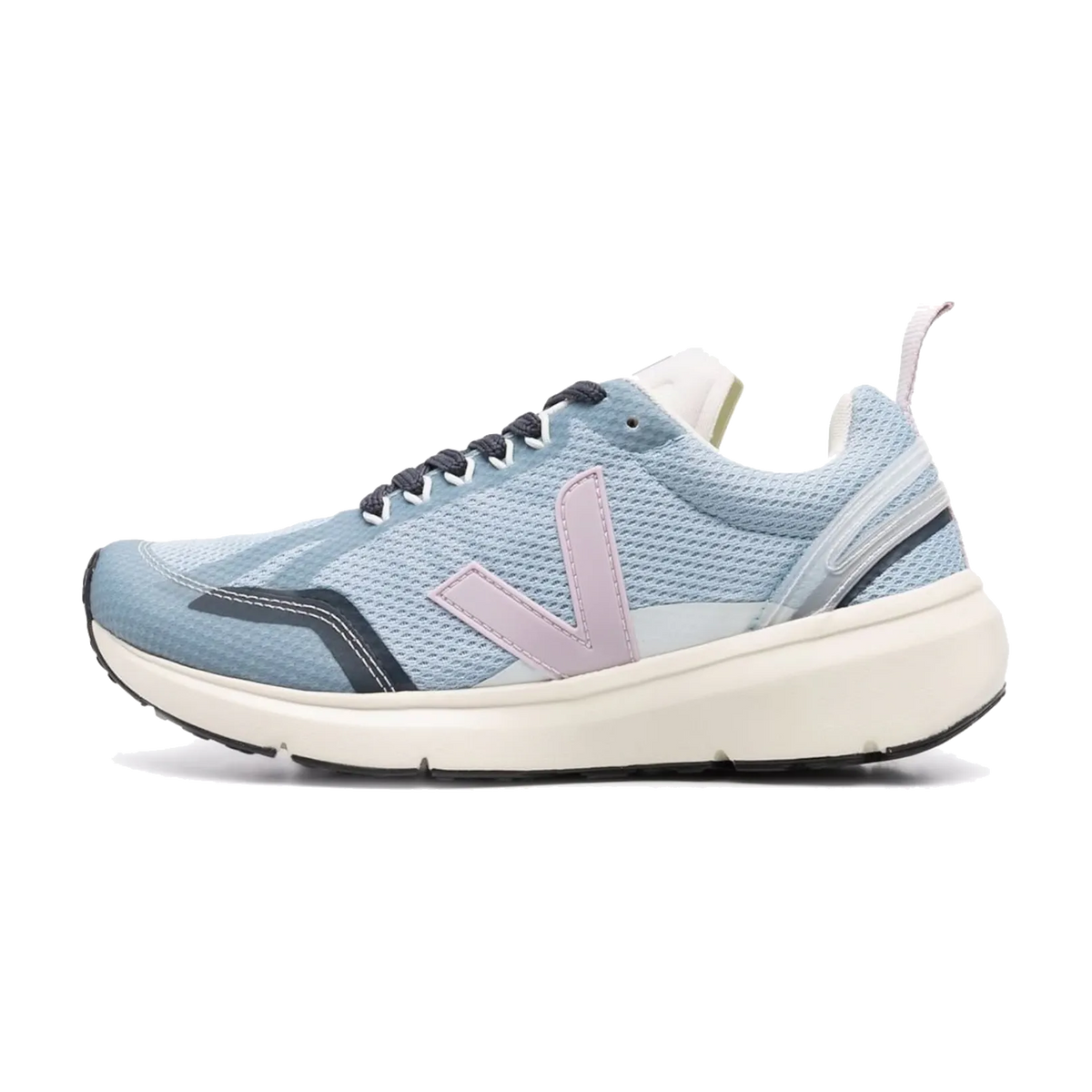 Veja Condor 2 Alveomesh Steele Parme, zijaanzicht met lichtblauwe mesh upper, paarse V-logo en witte zool