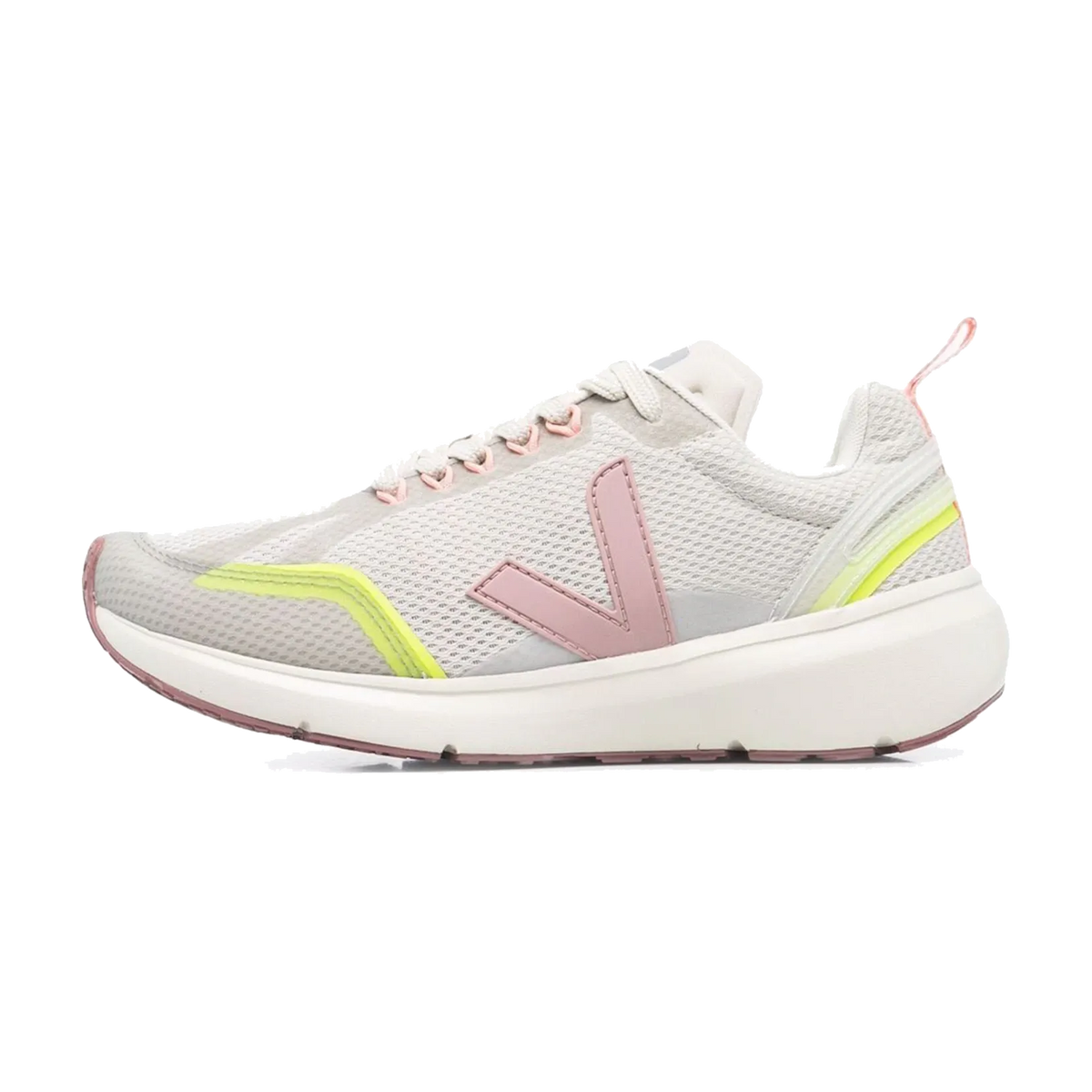 Veja Condor 2 Alveomesh Natural Babe Jaune-Fluo sneaker, zijaanzicht met mesh-bovenkant, roze V-logo en geel-groen streep