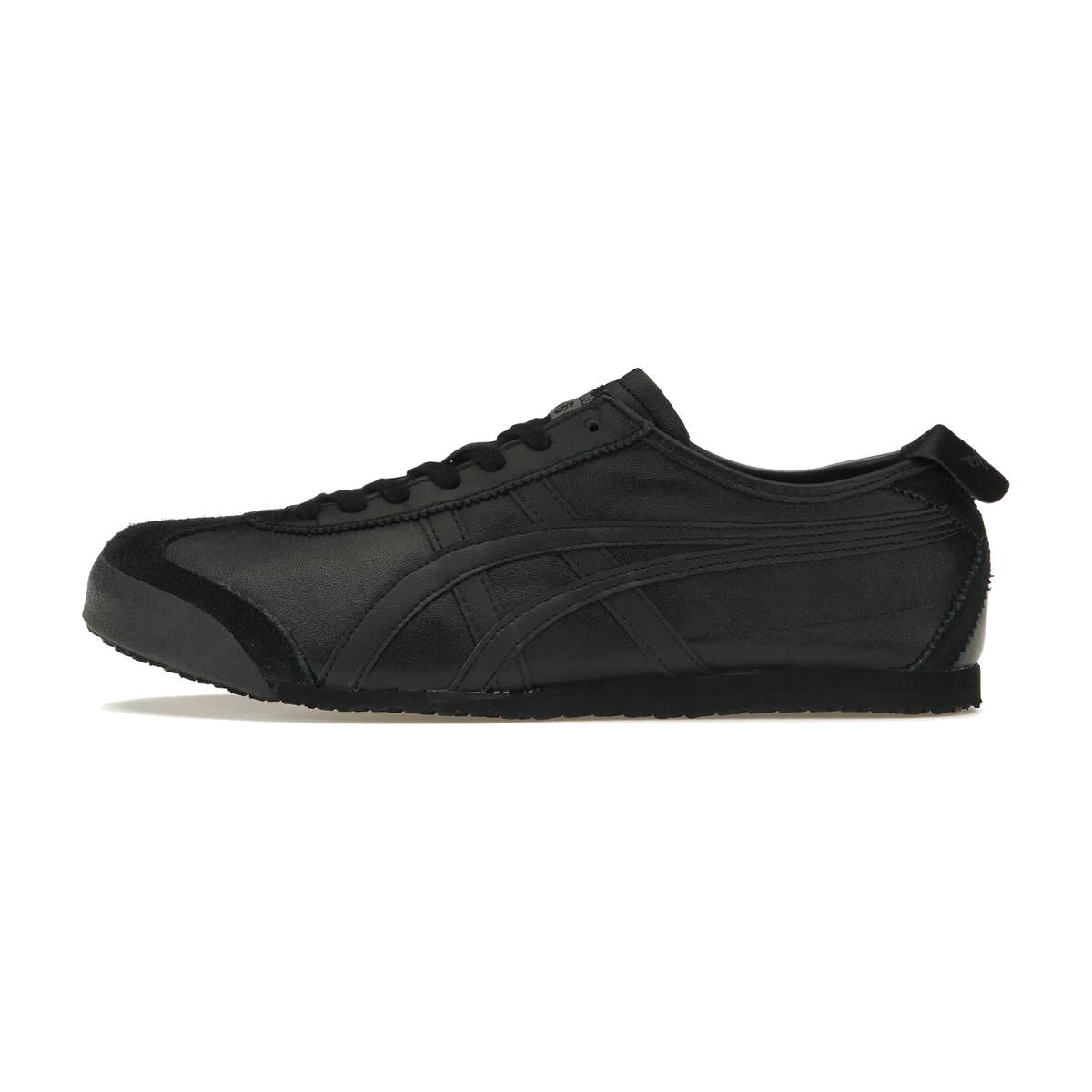 Onitsuka Tiger Mexico 66 Triple Black zijaanzicht, volledig zwarte sneaker met leren bovenwerk