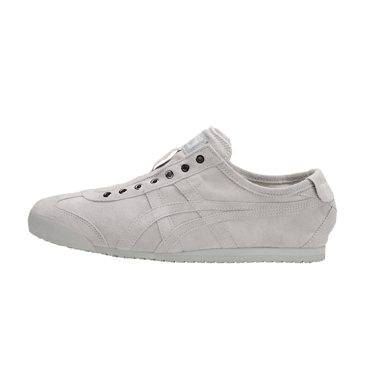 Onitsuka Tiger Mexico 66 Slip-On Glacier Grey, zijaanzicht van witte sneaker met strepen en elastische sluiting