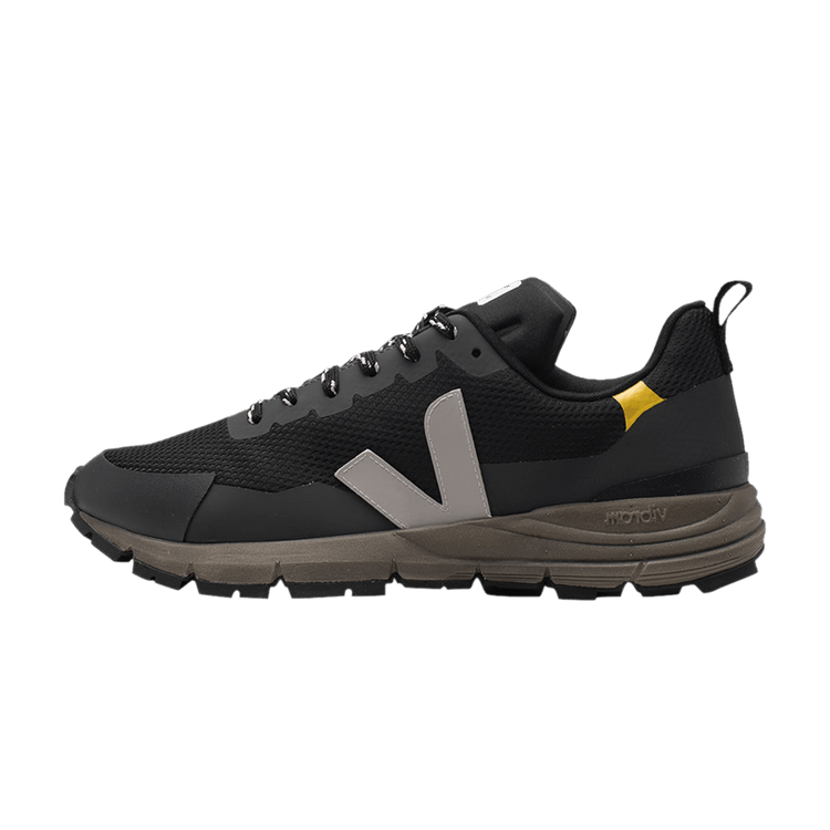 Veja Dekkan Alveomesh Black Oxford Grey Tonic, zijaanzicht met zwart mesh, grijze V-logo en beige zool