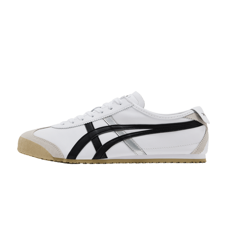 Onitsuka Tiger Mexico 66 White Silver Black, zijaanzicht met wit leer, zwart diagonaal stripe en beige zool