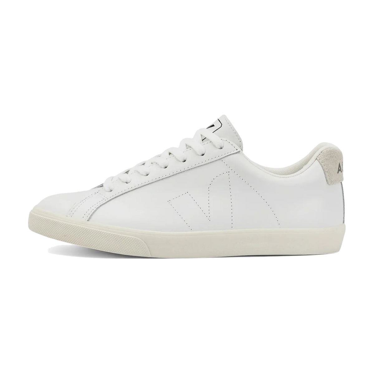Veja Esplar Extra White, zijaanzicht met witte leren upper, gestikt V-logo en cremekleurige zool