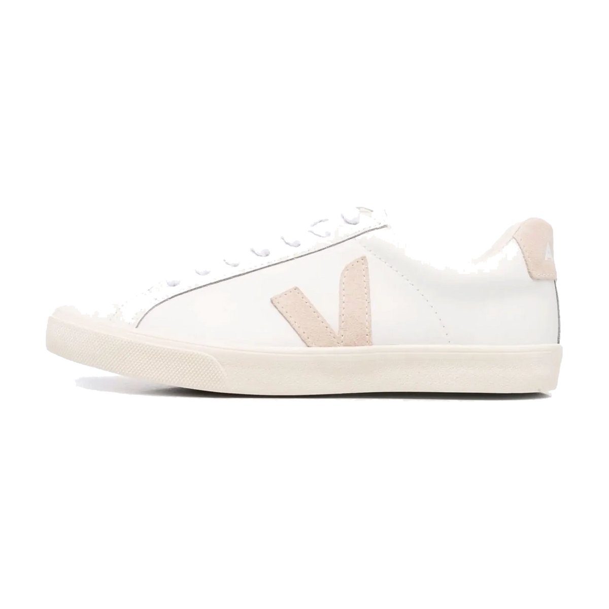 Veja Esplar White Beige, zijaanzicht met wit leer, beige V-logo en crèmekleurige zool