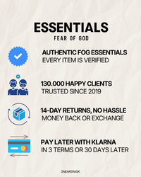 Information graphic highlighting verified authentic Fear of God Essentials NBA Black White Summer Set, trusted by 130,000 clients, with 14-day returns and Klarna payment options from SneakerAsk.