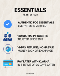 Information graphic promoting Fear of God Essentials FW24 Black Yellow State Full set with verified authentic items, 130,000 happy clients trusted since 2019, 14-day hassle-free returns, and Klarna payment options in three terms or 30 days later, emphasizing exclusive sneakers in Europe and branding as the real deal.