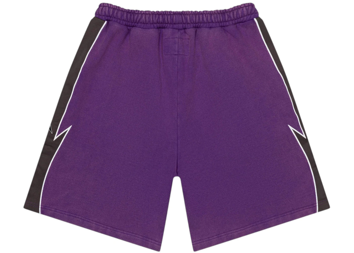 Godspeed Halftime Shorts Purple/Graphite, bovenaanzicht met geribde tailleband en contrasterende zwarte zijpanelen