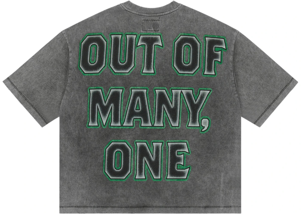 Godspeed The Watcher T-shirt Grey, achteraanzicht met groene outline-letters 'OUT OF MANY, ONE' op grijze vintage stof