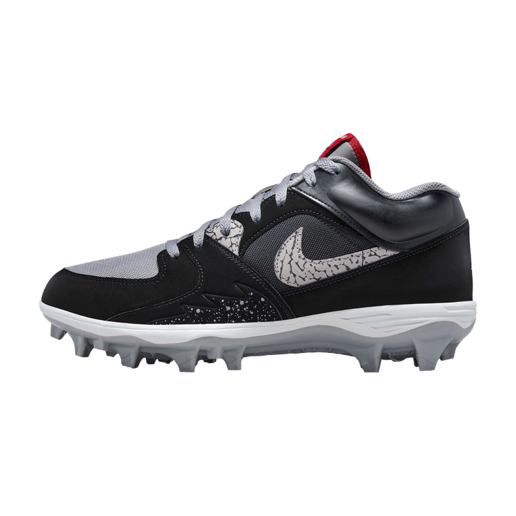 Jordan Stadium 90 Low TD Black Cement zijaanzicht met zwart suède, grijze mesh en witte voetbalzool