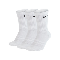 Nike Everyday Cushioned Sports Socks 3 Pack White showing three white crew length cushioned sports socks with black swoosh logos for sneakers and training