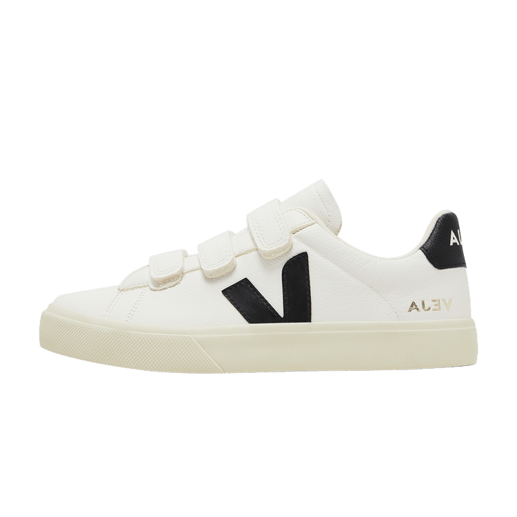 Veja Recife Chromefree Leather White Black zijaanzicht, wit leer met zwart V-logo en klittenbandsluiting