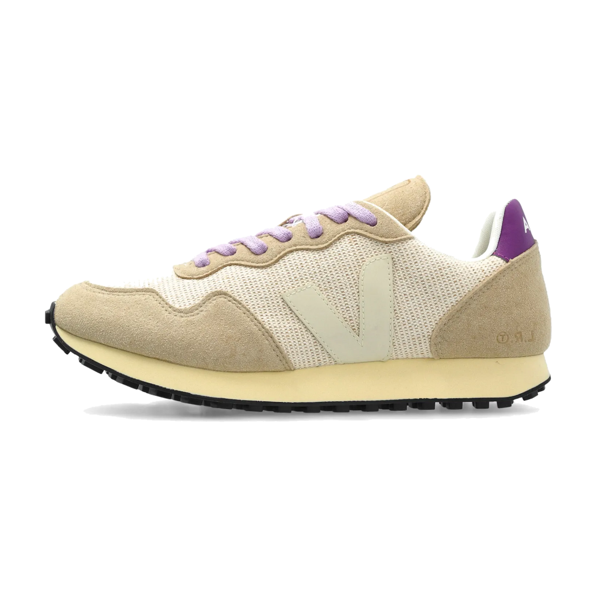 Veja SDU Rec Alveomesh Jute Pierre Cosmos zijaanzicht met beige mesh en suède details, paarse veters en crèmekleurige zool