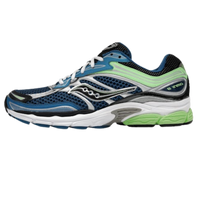 Saucony ProGrid Omni 9 Blue Lime sneakers in blue black white and lime green with mesh panels layered overlays and a cushioned sole shown from the side