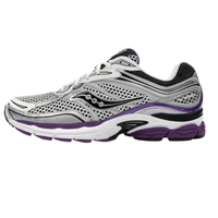 Saucony ProGrid Omni 9 White Black Silver Purple sneaker shown in side view with layered mesh panels and a cushioned white sole with purple accents