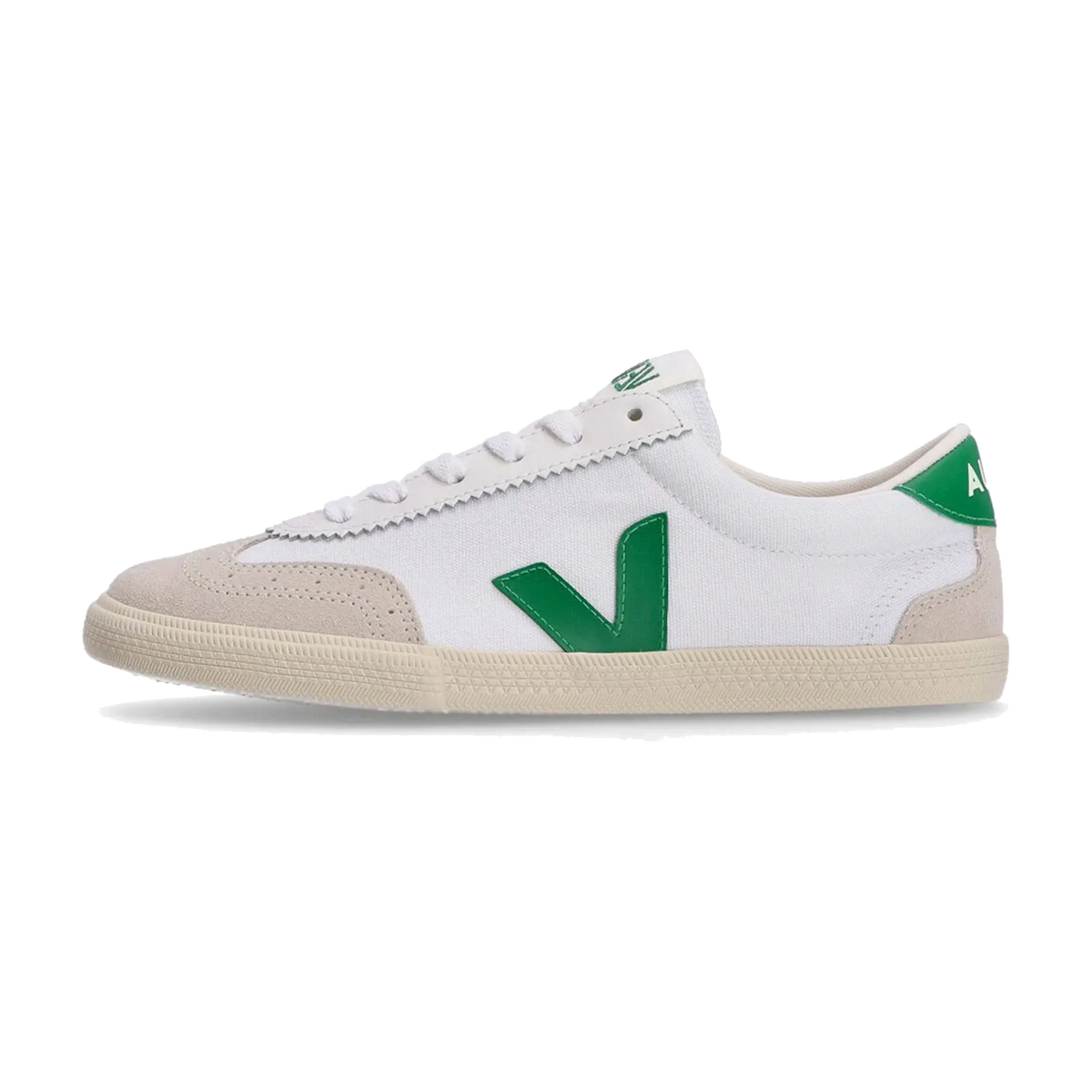 Veja Campo White Emeraude, zijaanzicht met wit canvas, groen V-logo en beige suède zool