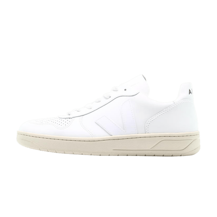 Veja V-10 Leather White White, zijaanzicht met wit leder en crèmekleurige zool