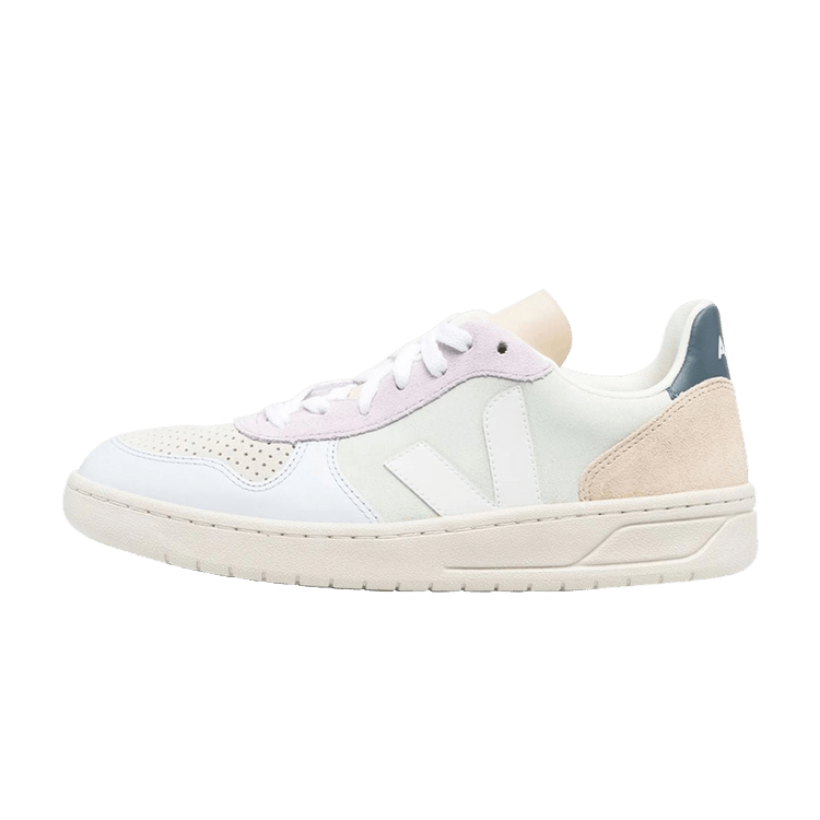 Veja V-10 Suede Jade White Multico, zijaanzicht met wit leer, paarse en beige suède accenten, witte stiksels