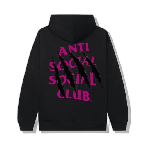 Anti Social Social Club After Us Hoodie Black, achteraanzicht met groot magenta logo en grafisch patroon op zwarte hoodie