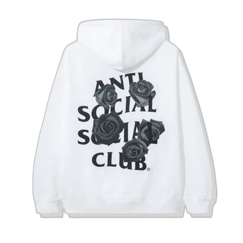 Anti Social Social Club Bat Emoji Hoodie White, vooraanzicht met zwart rozenprint en logotext op witte hoodie