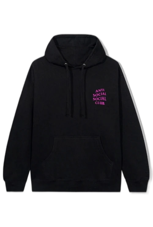 Anti Social Social Club Bubblegum Hoodie Black, vooraanzicht met klein magenta logo op borst en zwart katoen