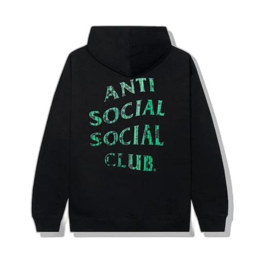 Anti Social Social Club Glitch Hoodie Black, achteraanzicht met groen glitch-effect logo op zwart katoen