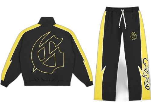 Godspeed GT Tracksuit Black/Yellow, vooraanzicht met jas en broek, zwart met gele zijstrepen en geel logo