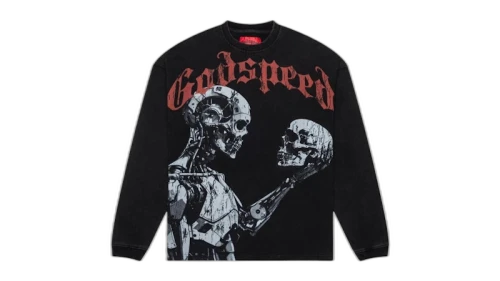 Godspeed Mankind vs AI L/S T-shirt Black Wash, vooraanzicht met rode tekstprint en twee skeletten in wit, langarm