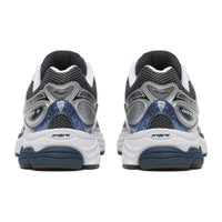 Saucony ProGrid Omni 9 Deep Navy sneakers shown from the rear as a pair with silver white and navy details and cushioned soles