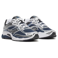 Saucony ProGrid Omni 9 Deep Navy sneakers shown as a pair in deep navy white and silver with mesh panels and layered cushioning details