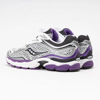 Saucony ProGrid Omni 9 White Black Silver Purple sneakers with white and black mesh silver details and purple accents on a clean background