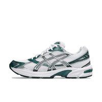 ASICS Gel-1130 Dark Neptune, zijaanzicht met wit mesh, donkergroen en grijs accenten, X-stiksels