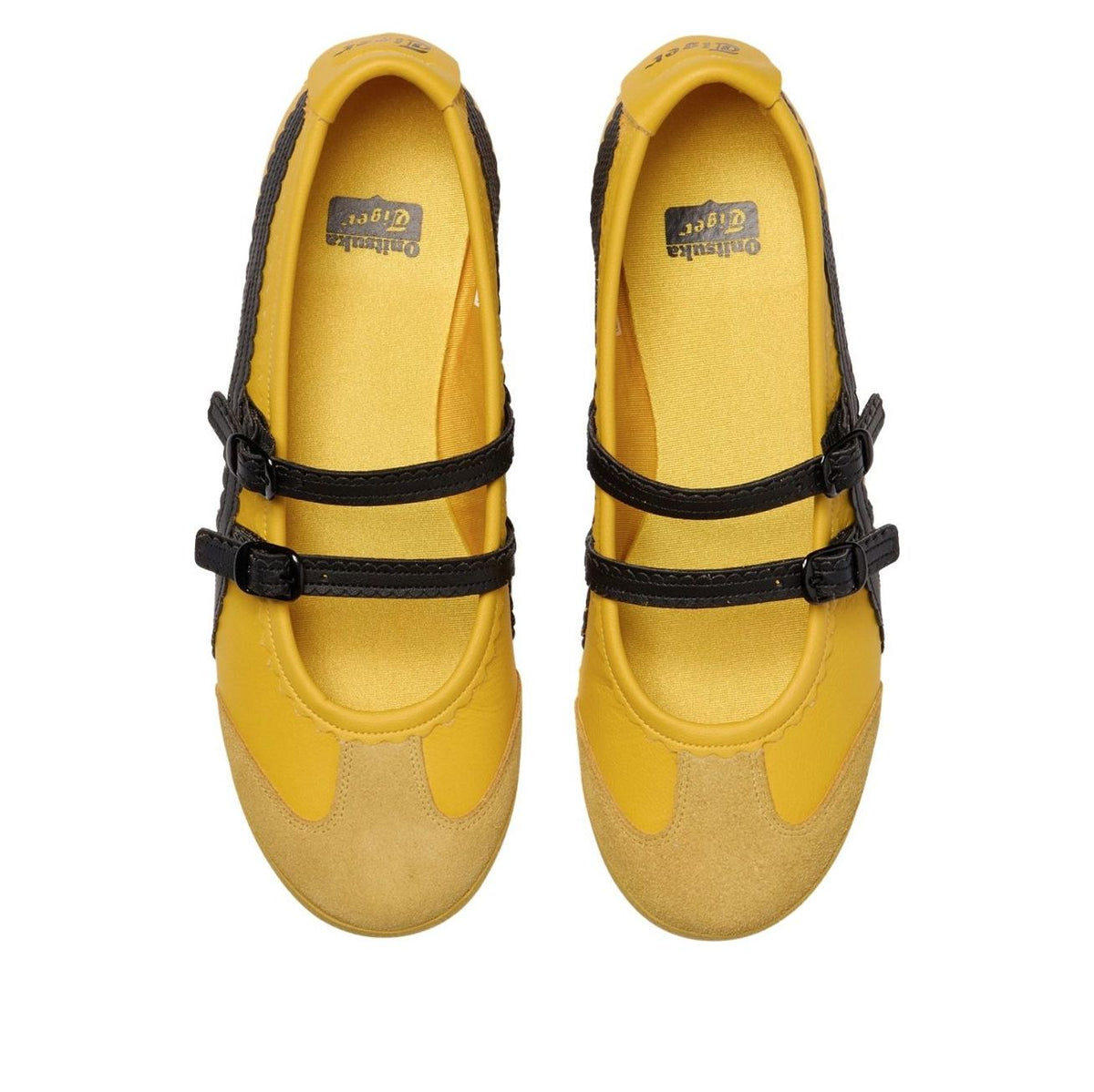 Onitsuka Tiger Mexico 66 TGRS Kill Bill, bovenaanzicht beide schoenen met gele voering en zwarte gespen