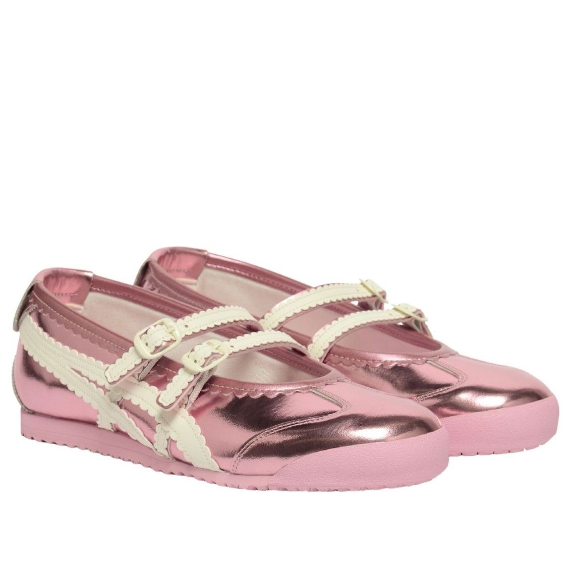 Onitsuka Tiger Mexico 66 TGRS Metallic Pack Crystal Pink Cream, paar samen bovenaanzicht met metallic roze en crème details