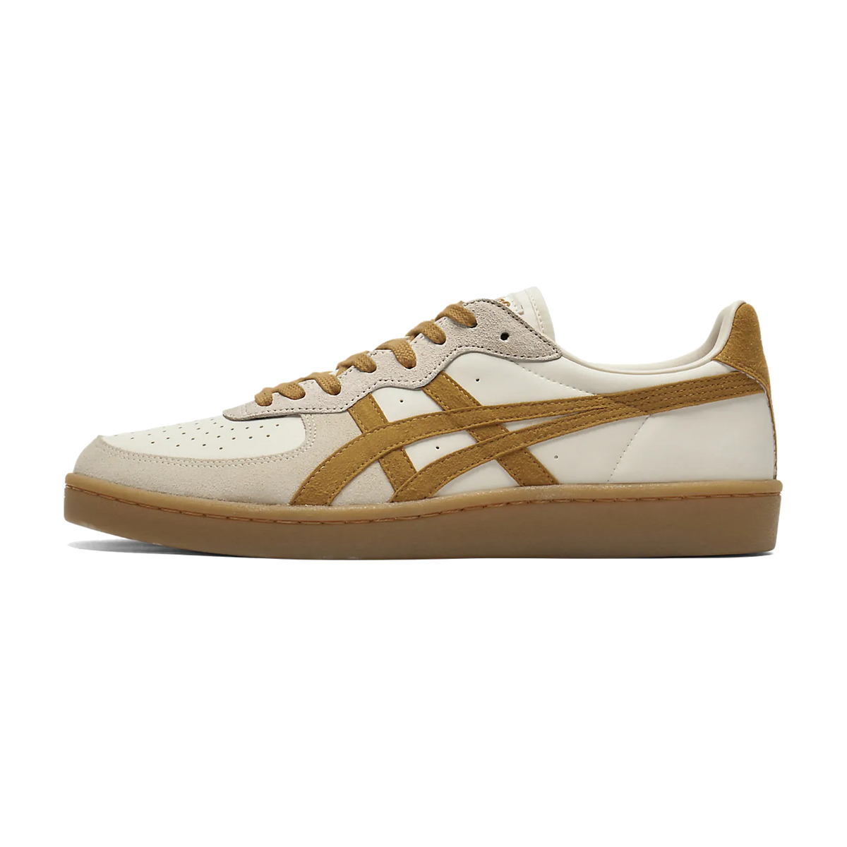Onitsuka Tiger GSM Cream Tan Presidio, zijaanzicht met crème en bruin leer, strepen en gumzool