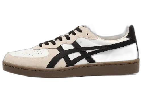 Onitsuka Tiger GSM White Black Beige Toe, zijaanzicht met witte bovenkant, beige en zwarte strepen, bruine zool