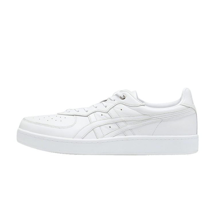 Onitsuka Tiger GSM SD Triple White, zijaanzicht van witte leren sneaker met gestikt logo en verhoogde zool