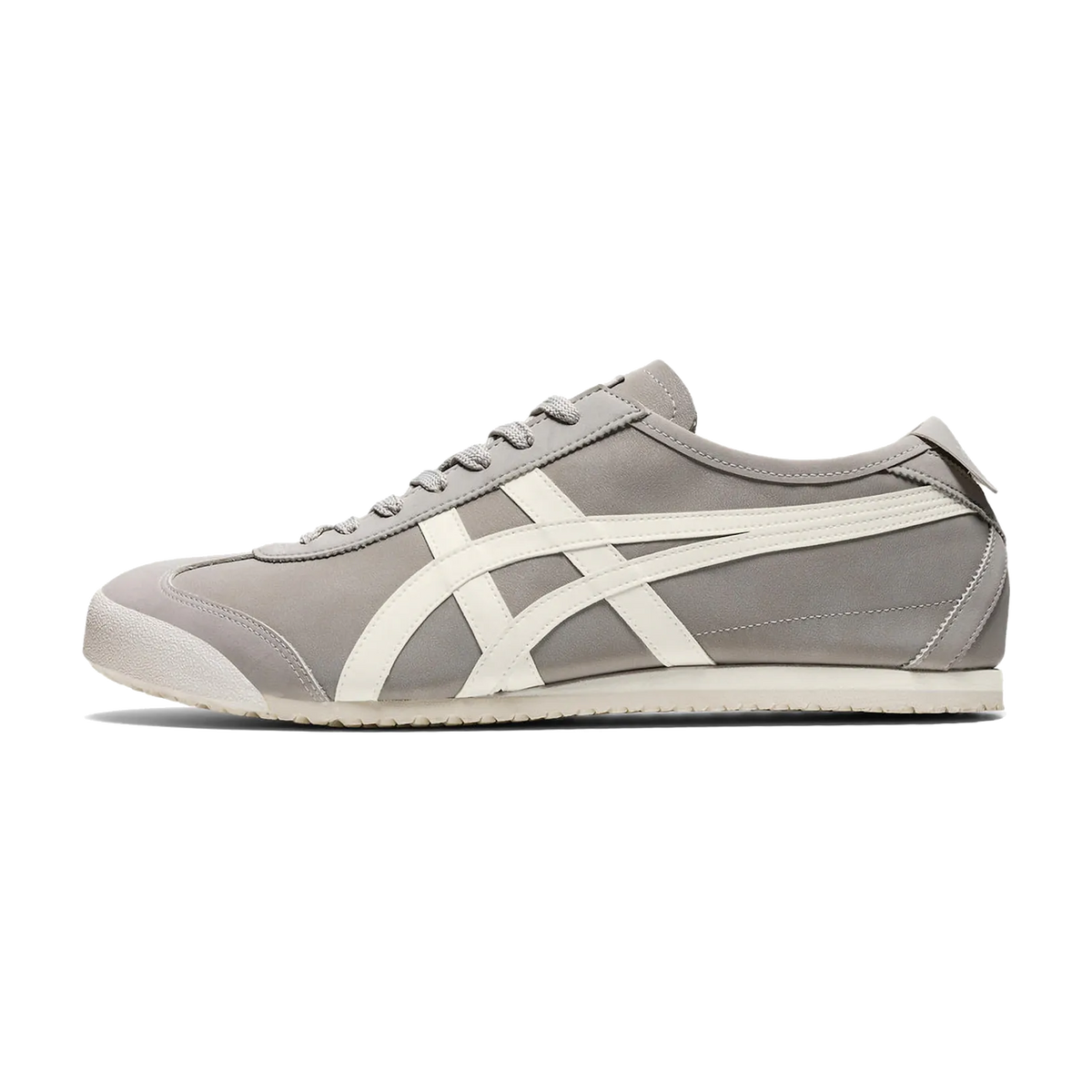 Onitsuka Tiger Mexico 66 Oyster Grey Cream, zijaanzicht met grijs-crème kleurvlakken en karakteristieke dubbele strepen