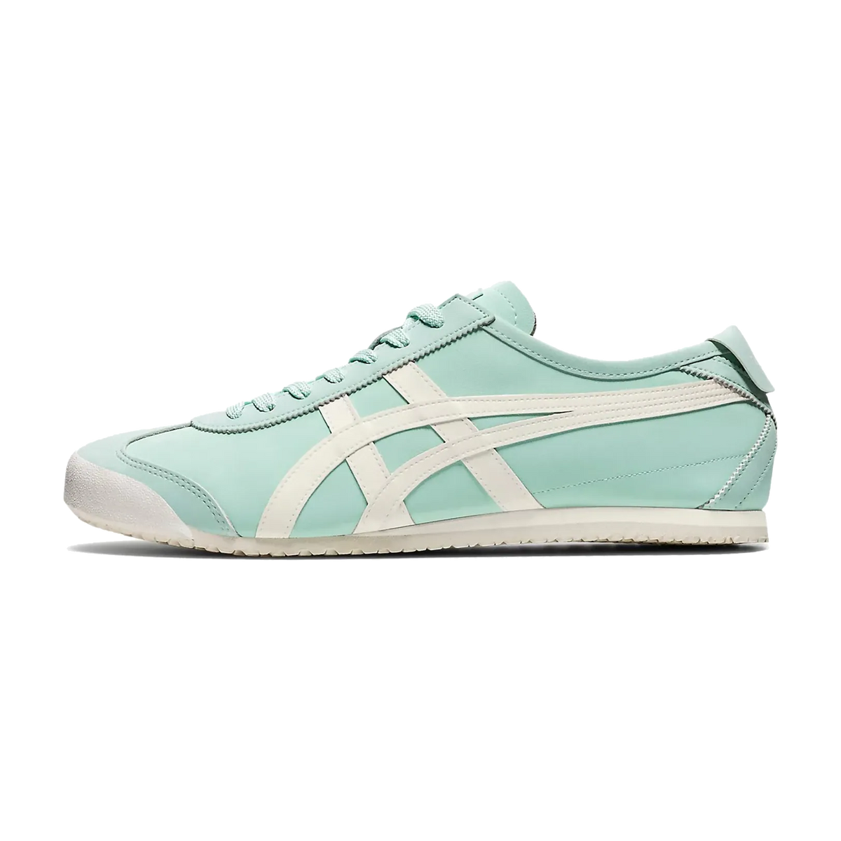 Onitsuka Tiger Mexico 66 Pale Blue Cream, zijaanzicht met mint-groene nubuck en cremekleurige strepen over de zijkant