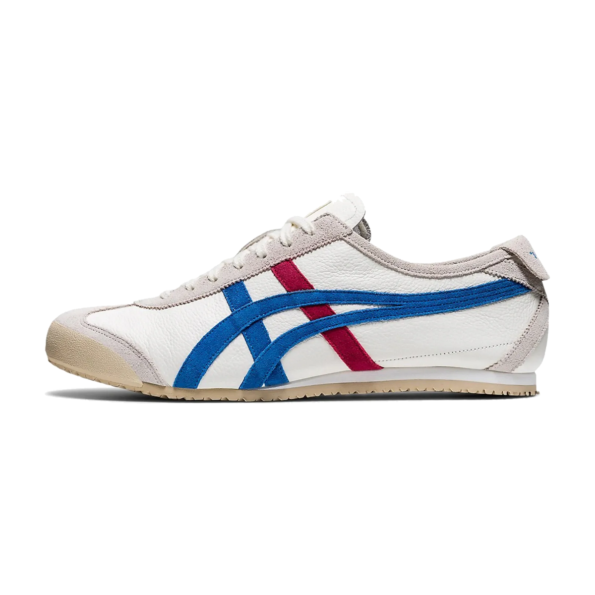 Onitsuka Tiger Mexico 66 Vintage White Directoire Blue Red, zijaanzicht met wit leer, blauwe en rode strepen, beige zool