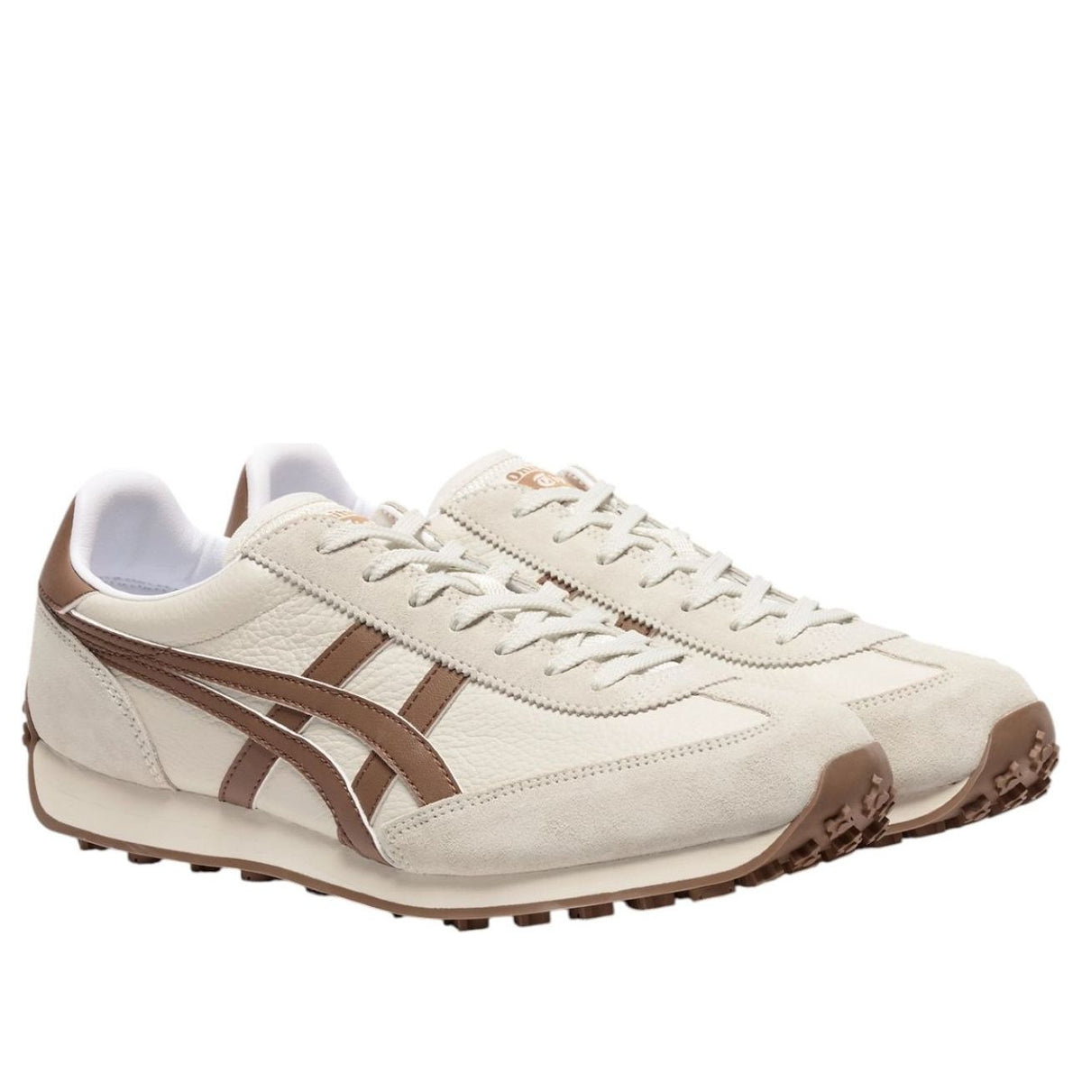 Onitsuka Tiger EDR 78 paar samen bovenaanzicht, crème canvas met bruine zijstrepen