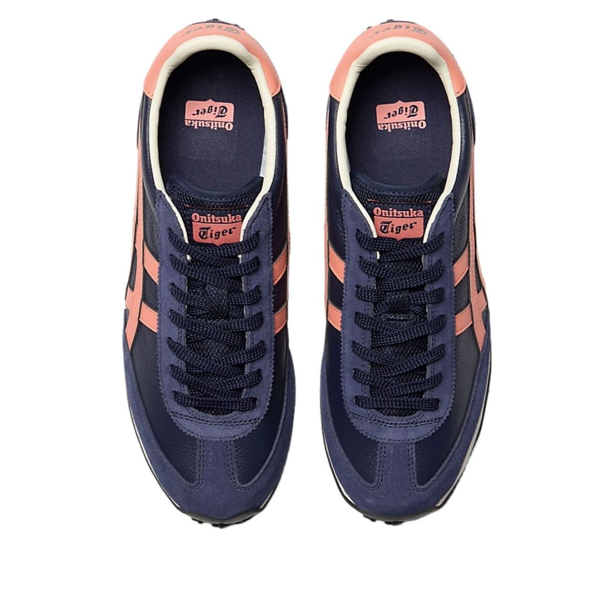 Onitsuka Tiger EDR 78 Peacoat Guava bovenaanzicht van beide schoenen met zwarte veters en Onitsuka Tiger branding