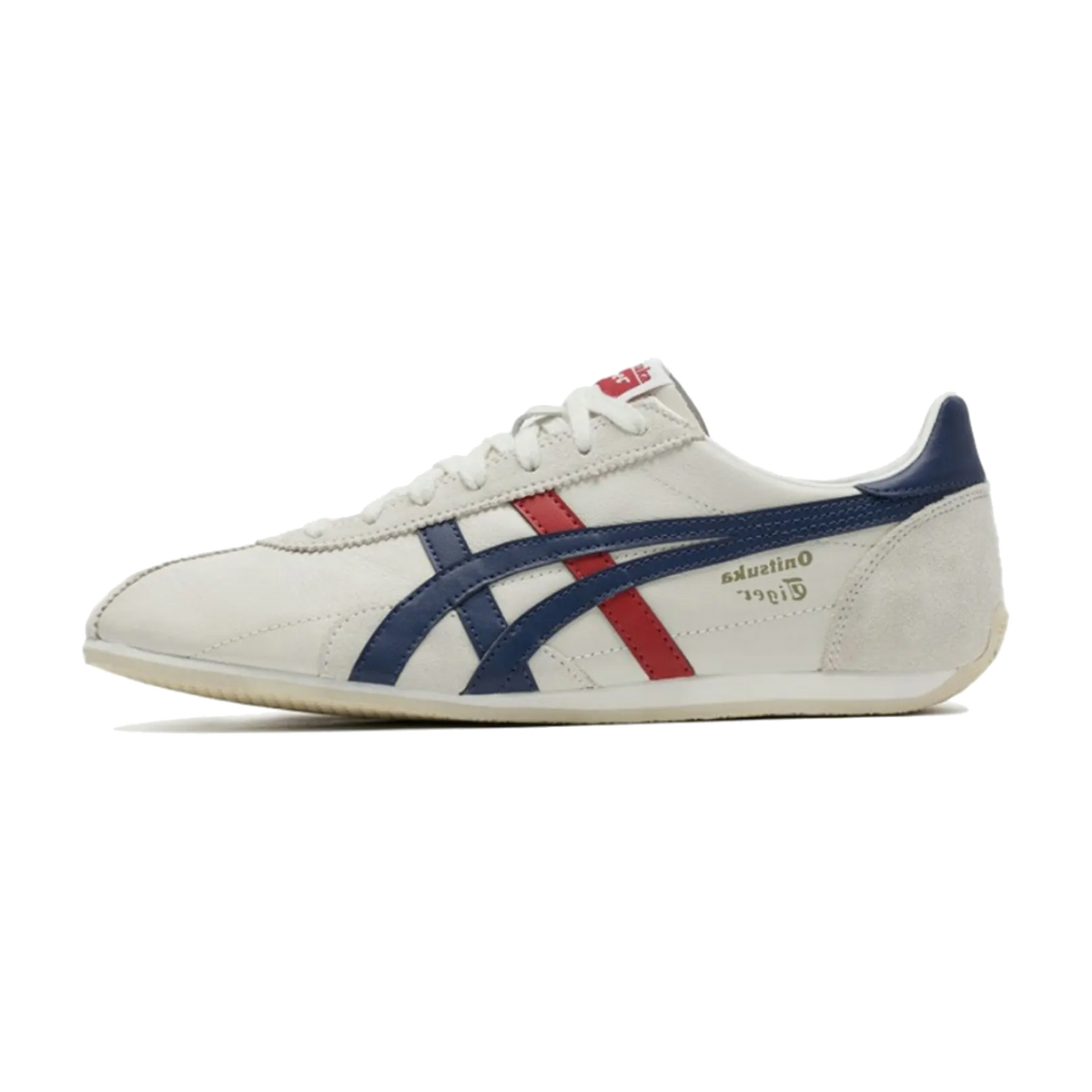 Onitsuka Tiger Mexico Runspark White Navy Red, zijaanzicht met crèmekleurig canvas en rode strepen