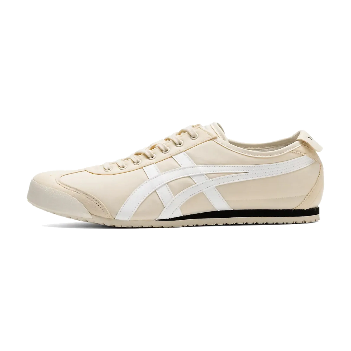 Onitsuka Tiger Mexico 66 Birch White zijaanzicht met beige leer, witte taping en zwarte zool